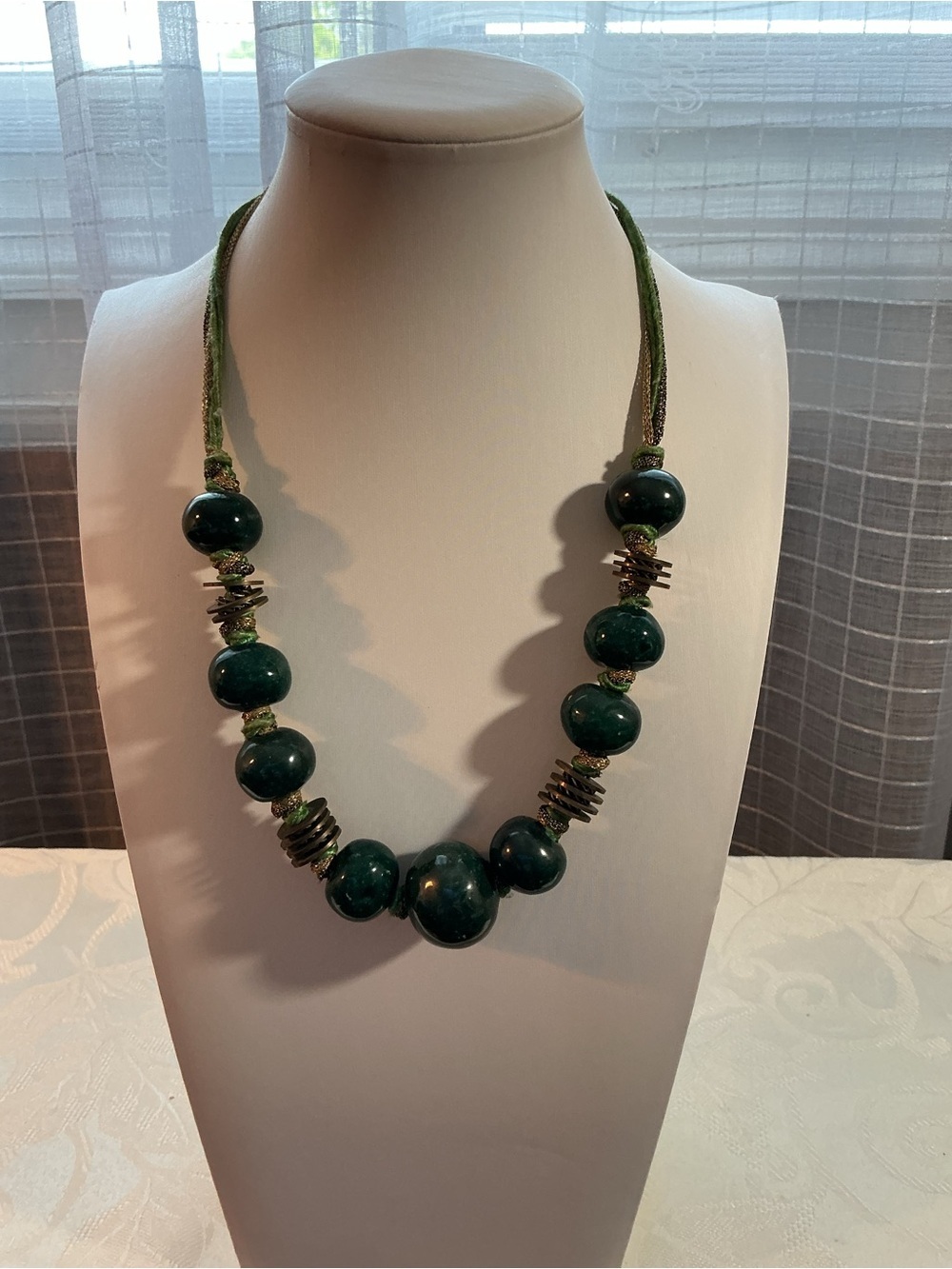Forest Green Acrylic Artisan Marbled Antique BrassTone Chunky Statement Necklace